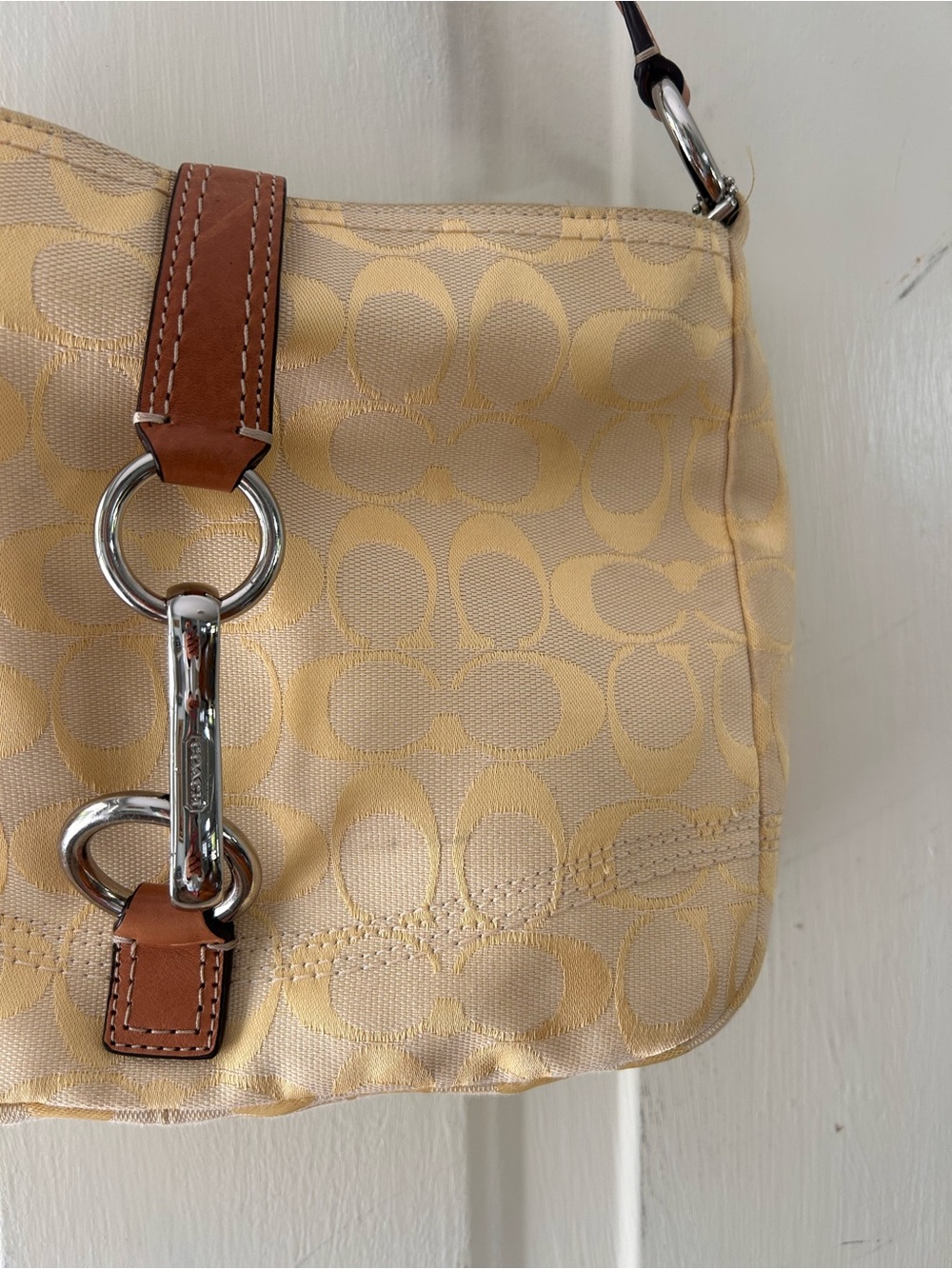 Coach Yellow Jacquard Shoulder Bag with Tan Leather Trim & wallet - Picture 13 of 14